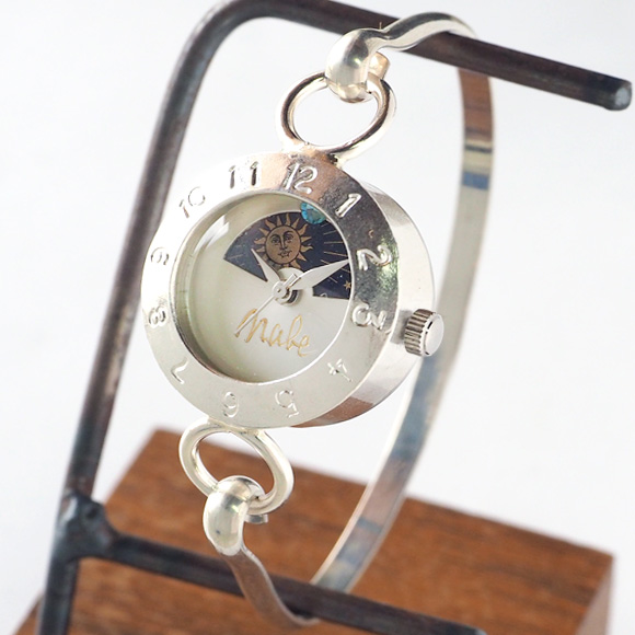 渡辺工房 手作り腕時計 
“Silver Armlet 3” レディースシルバー SUN＆MOON 12時スワロフスキー [NW-289MSV-SM]