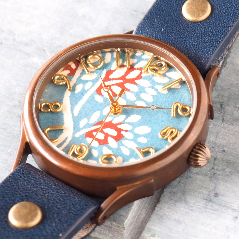 vie（ヴィー） 手作り腕時計 “和tch” 和紙文字盤 和時計 南天 ブルー L 