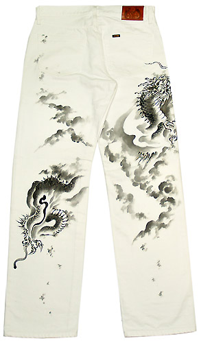 京伝・禅(ZEN) 京友禅和柄手描きホワイトジーンズ「墨龍」KD010-01 